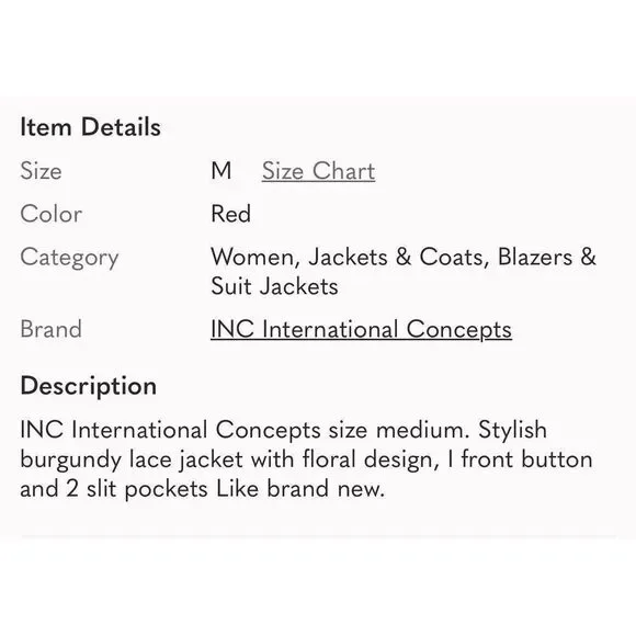INC INTERNATIONAL CONCEPTS | burgundy lace jacket M - Picture 6 of 6